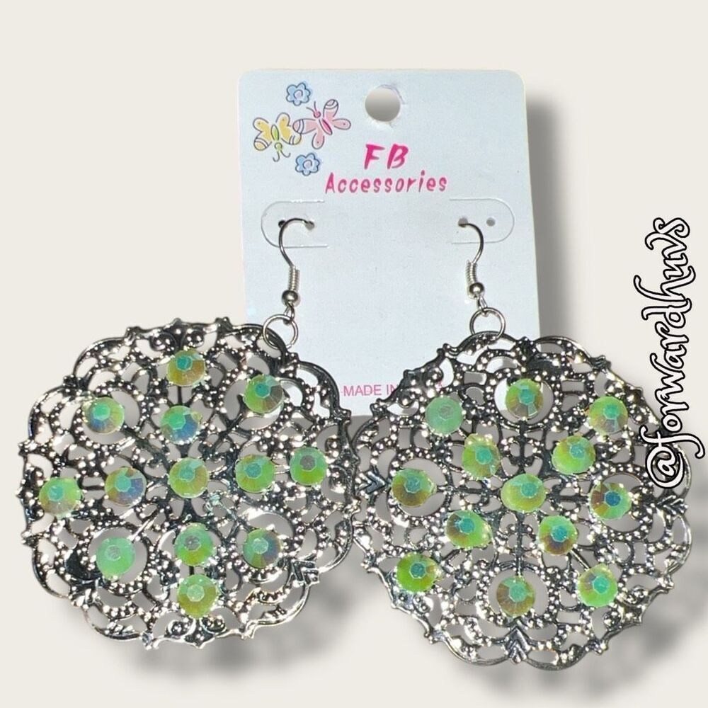 Bundle Sale 3 for $15 | FB Accessories Silver Tone Earrings with Green Sparkly A